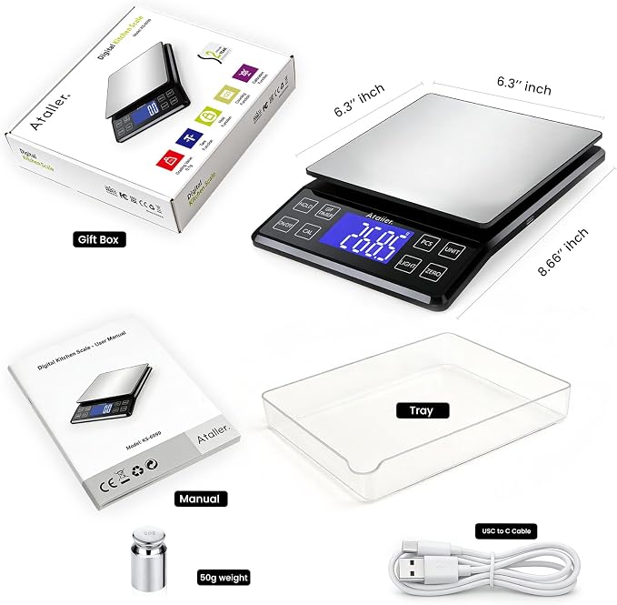 Rechargeable Digital Kitchen Scale, 0.1g Resolution Max 5kg 11Ibs | Food Scale with PCS Counting, Hold, Tare Functions, 6.3"x6.3" Large Stainless Steel Platform, for Cooking, Baking, Meal Prep