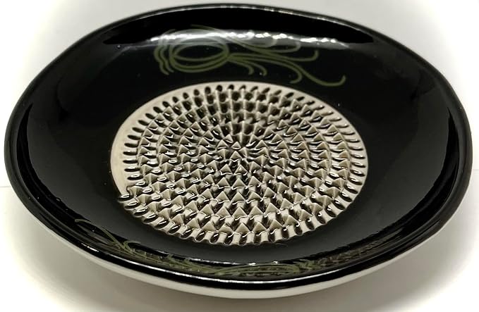 BonCera, All-in-one Premium Ceramic Garlic Grater Plate 4-Piece Set - Black Garlic Design - for Garlic, Ginger, Chocolate, and More! - Comes with 5.25" Plate, Peeler, Brush, and Stand