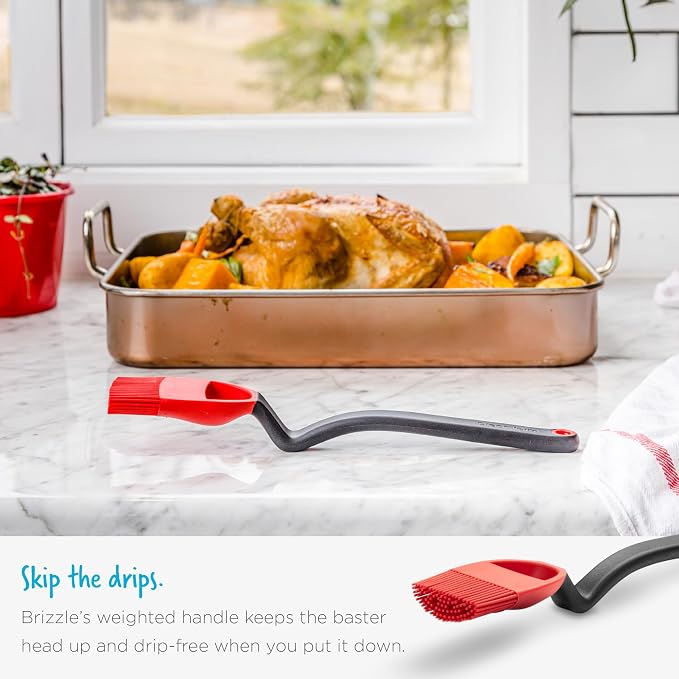 Dreamfarm Brizzle 3-In-1 Flexible Silicone Sit-Up Basting, Drizzle, Scooping Brush with In-Built Sauce Resevoir - Red | Sit-up, mess-free BBQ and pastry brush, flexible bristles, scoop and drizzle baster, holds 1 tbsp of liquid