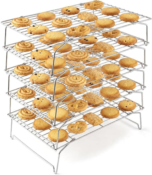 LIANYU Cooling Rack 15"x10", 5-Tier Stackable & Collapsible Stainless Steel Baking Wire Racks for Cooking, Baking, Roasting, Drying, Oven & Dishwasher Safe, Silver