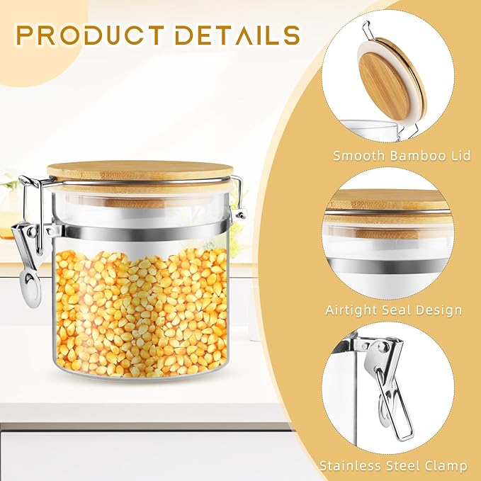 2 Pcs 700ml/23oz Clear Glass Jars Airtight Storage Jars Locking Glass Container Jar with Clamp Bamboo Lids for Home Kitchen Food Coffee Tea Pantry Storage