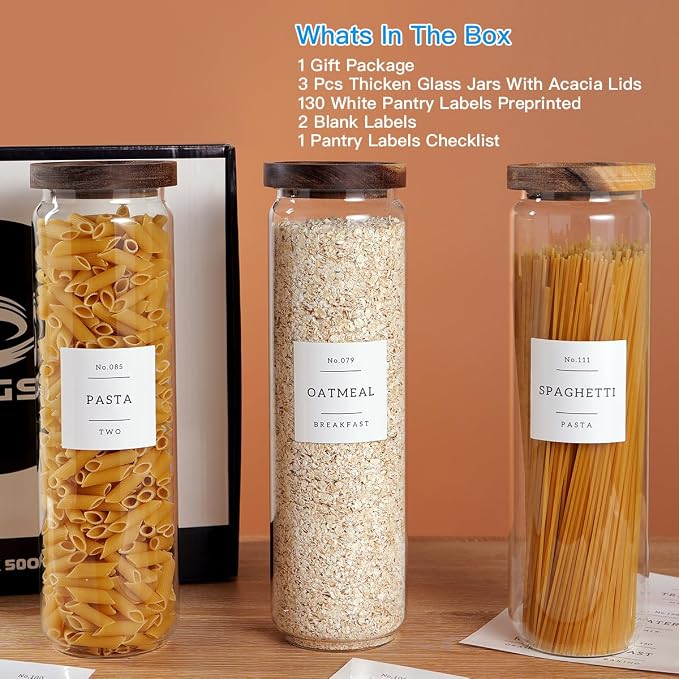 CZZGSM 3 Set Glass Pantry Storage Jars with Acacia Airtight Lid - 50oz Thicken Glass Kitchen Canisters with 132 Pantry Labels - Tall Food Storage Containers with Wood Lid for Pasta,Spaghetti,Cereal