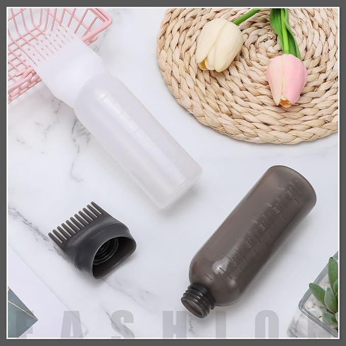 Pimoys 2 Pcs 6Oz Root Comb Hair Dye Oil Applicator Bottles For Scalp | Black White, Plastic Squeeze Bottle Dispenser with Graduated Scale, Comb Tip Applicator For Hair Coloring Oiling Home Salon