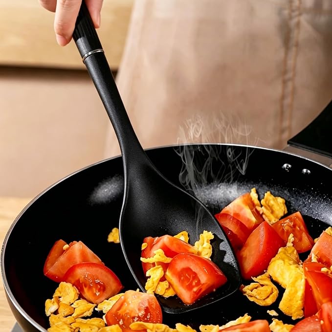 2 Pack Silicone Cooking Spoon Spatulas, 13Inch Non Stick Large Rubber Solid Slotted Spoon Set for Mixing, Draining, Scraping, Heat Resistant Kitchen Utensils, Black