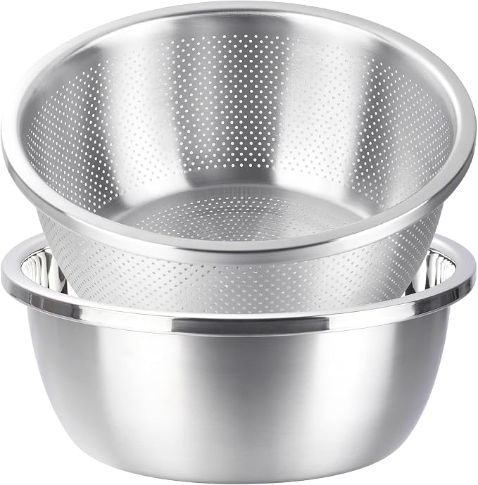 Colander and Bowl Set 1.8QT (2-in-1) - Thickened 304 Stainless Steel Kitchen Strainer Bowl for Fruit, Pasta, Vegetables, Rice - Heavy Duty, Induction Cooker & Dishwasher Safe