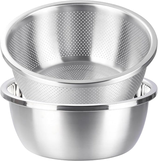 Colander and Bowl Set 1.8QT (2-in-1) - Thickened 304 Stainless Steel Kitchen Strainer Bowl for Fruit, Pasta, Vegetables, Rice - Heavy Duty, Induction Cooker & Dishwasher Safe
