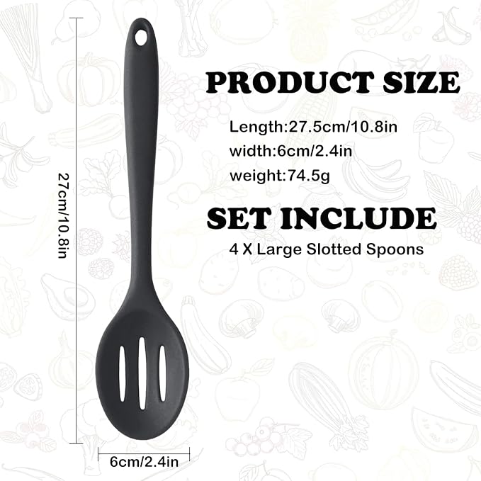 Linwnil 4 Pieces Silicone Slotted Spoons,10.6 Inch Nonstick Mixing Serving Spoons for Kitchen Cooking Bake Stir Draining Tool (4, Black)
