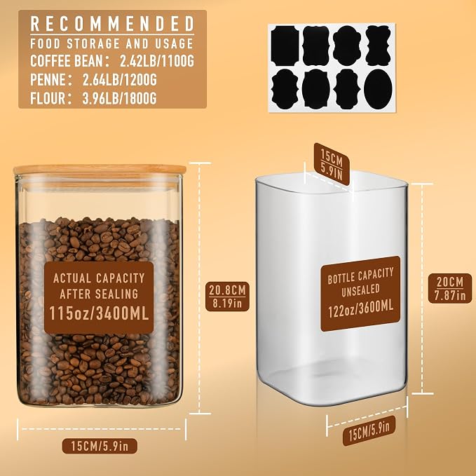 D2scrma 115oz Airtight Glass Square Storage Canister with Bamboo Lid Set of 1 (3400ml) Gallon Glass Jars Large Kitchen Canister for Sugar, Flour, Cookies and Coffee beans (‎with Black Lable)