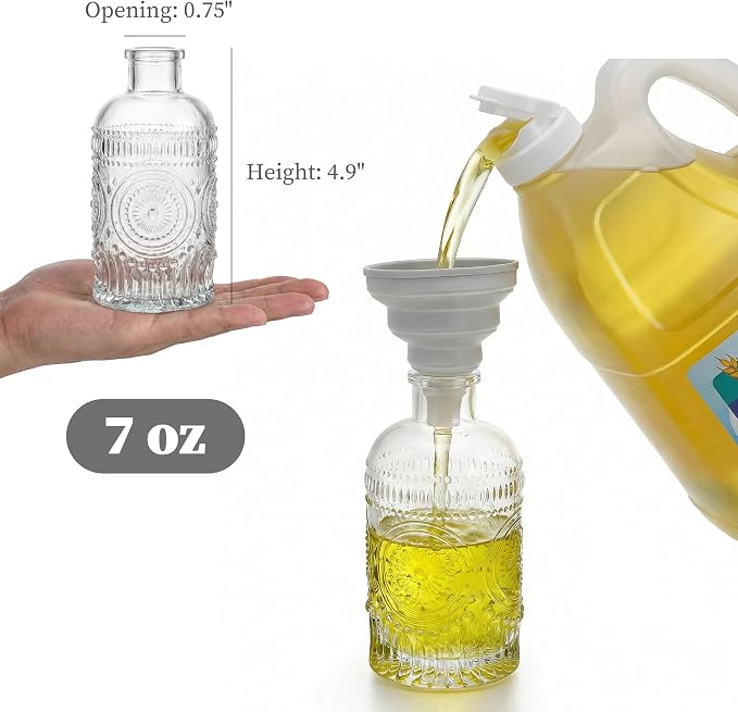 Kingrol Embossed Glass Olive Oil Dispenser Set - 6 Pack 7 oz Clear Bottles with Non-Drip Pour Spouts, Labels & Funnel for Oil, Vinegar & Dressing Organization