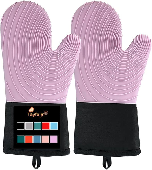 Silicone Oven Mitts-13.6 in Extended Oven Mitts Heat Resistant 500F, Oven Gloves with Soft Liner Good Grippy BPA-Free Easy to Clean Flexible-Oven Mits Set for Cooking Baking Grilling BBQ