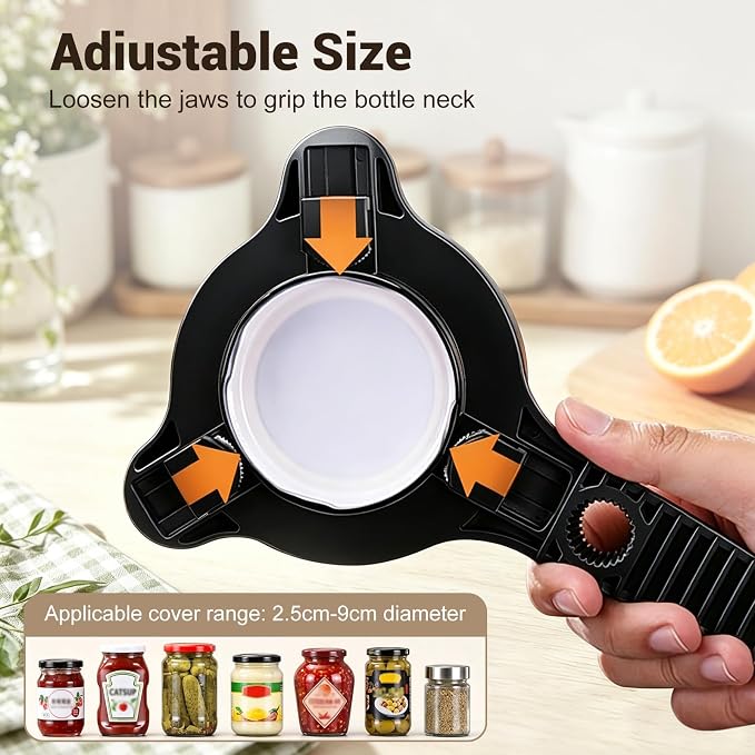 4-In-1 Adjustable Jar Opener for Seniors & Weak Hands, Lid Opener with Non-Slip Grip, Stainless Steel Jar Lid Opener, for Jars, Bottles & Cans (Black)