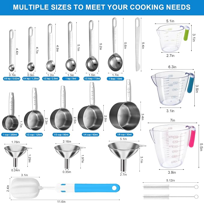 Measuring Cups and Spoons Set 21 Piece, 11 Stainless Steel Nesting Measuring Spoons and Cups with 3 Plastic Measuring Cup, 3 Funnel, 3 Brush, 1 Ruler, Measuring Cup Set for Kitchen Baking Liquid Dry