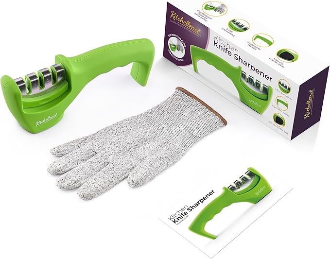 4-in-1 Kitchen Knife Accessories: 3-Stage Knife Sharpener Helps Repair, Restore and Polish Blades and Cut-Resistant Glove