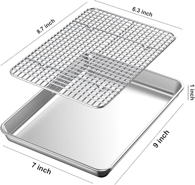 Baking Sheet with Rack Set [2 Pans + 2 Racks], Wildone Stainless Steel Cookie Sheet Baking Pan Tray with Cooling Rack, Size 9 x 7 x 1 Inch, Non Toxic & Heavy Duty & Easy Clean