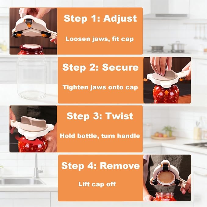 4-in-1 Adjustable Jar & Bottle Opener for Seniors & Weak Hands | Upgrade Kitchen Gadget for People with Arthritis, Stainless Steel Claws, Non-Slip & Easy Grip, Manual Lid Remover
