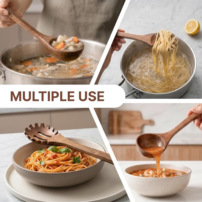 Koppen Dishwasher Safe Wooden Set, Durable Acacia Wood Ladel and Soup Spoon for Nonstick Cookware, Non Toxic, Heat Resistant, Smooth Grip, 2 Piece Set