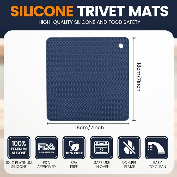 Silicone Trivet Mats 4 Heat Resistant Pot Holders Multipurpose Non-Slip Hot Pads for Kitchen Potholders, Drying mat, Jar Opener, Spoon Holder, Coaster.(Blue)
