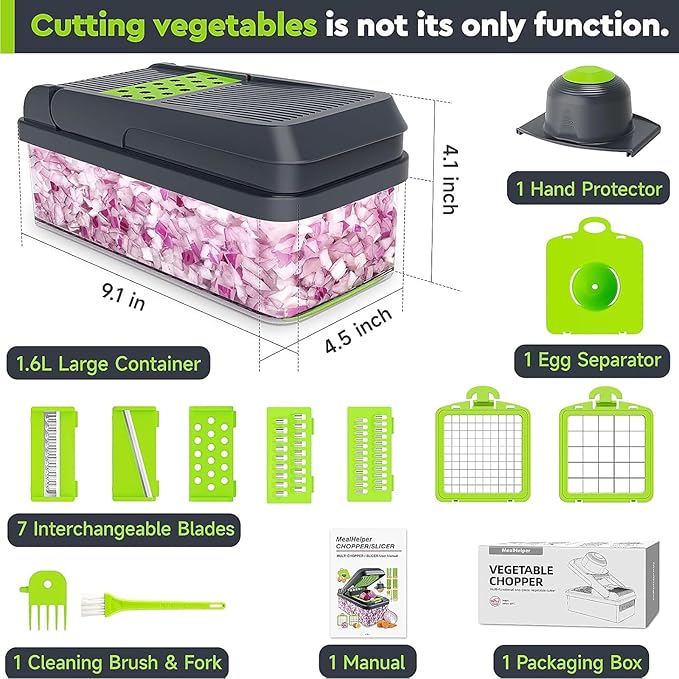 MealHelper 12-in-1 Vegetable Chopper, 7 Blade Veggie Chopper, Practical Food Chopper with Container, Cheese Grater, Home Essentials & Kitchen Gadgets(Green)