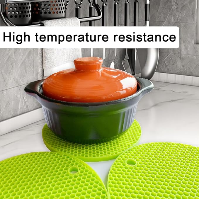 7-Inch Round Silicone Trivet Mats - 4-Pack Non-Slip Heat Resistant Hot Pads for Kitchen Countertops, Pots and Pans (Green)