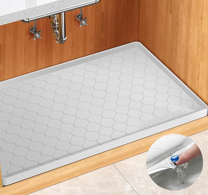 Winisok Waterproof Under Sink Mat 25" x 19", Silicone Mat, White | Raised Edge Traps Spills & Leaks, Shelf Liner, Cabinet Protector, for Kitchen, Bathroom, Boots, Pets, Home Essentials