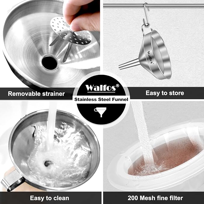 Walfos 3Pcs Kitchen Funnel with 2 Removable Strainer ＆ 1 Cleaning Brush & 1Pc 200 Mesh Food Filter Strainer, Food Grade Stainless Steel Funnel for Transferring of Liquid, Oils, Jam, Dry Ingredients