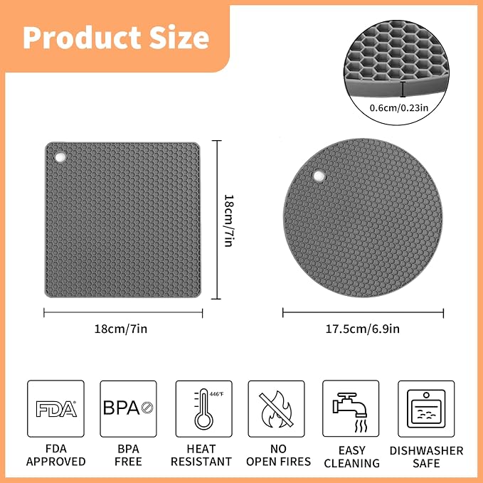 Silicone Trivet Mats, 4 Pack Trivets for Hot Dishes and Pans, Heat Resistant Non-Slip Trivet for Kitchen Countertop, Easy to Clean(Gray)