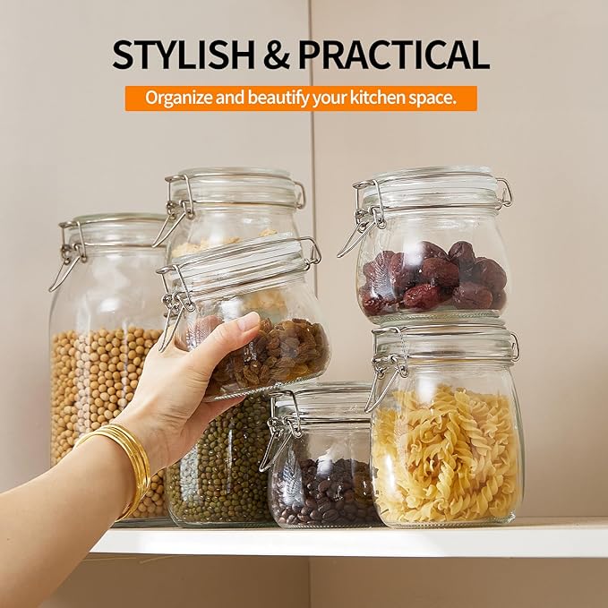 3 Pack 51oz Food Storage Jars with Airtight Lids, Preserving Seal Wire Clip Fastening Glass Containers, Canisters for Kitchen Organization, Flour, Cereal, Pasta, Sugar, Beans, Pickling Jars(51 Oz*3)
