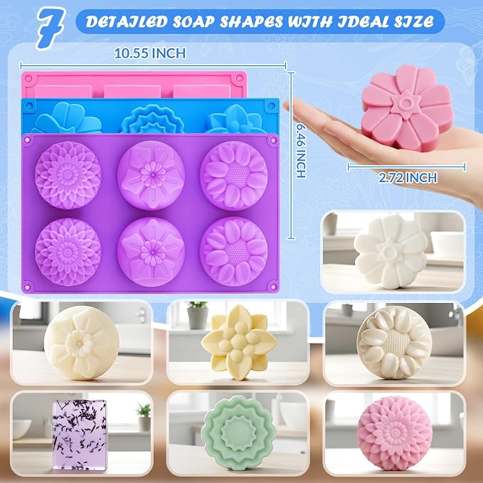 HKNMTT 3Pcs Soap Molds 6-Cavity Multi-Design Silicone Mold for DIY Craft | Geometric Floral+Rectangular Designs, for Chocolate Shower Steamer Bath Bomb Lotion Shampoo Bar Dessert Non-Stick Food Grade