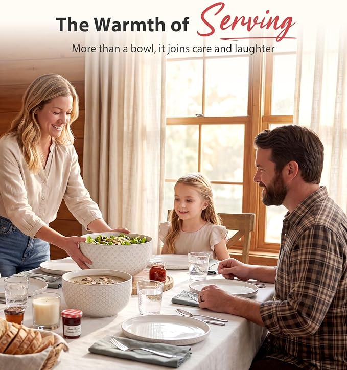 Lareina Ceramic Large Mixing Bowls Set of 4, 20/44/98/145 OZ, Ivory White | Nesting Bowls for Cooking, Baking, Salad Etc, Serving Bowls Gift, Kitchen Stoneware, Oven, Microwave and Dishwasher Safe
