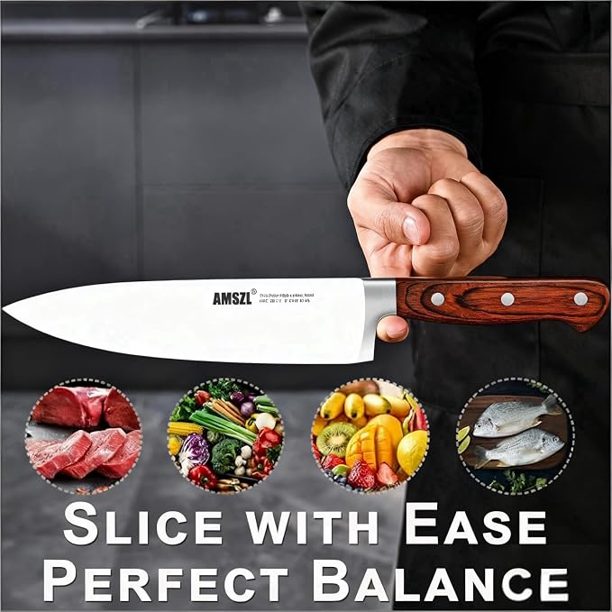8 Inch Chef Knife German 7Cr17MoV Carbon Steel Full Tang Pakkawood | German 7Cr17MoV steel + full tang construction + 15° razor edge + ergonomic pakkawood handle. For slicing, dicing, chopping