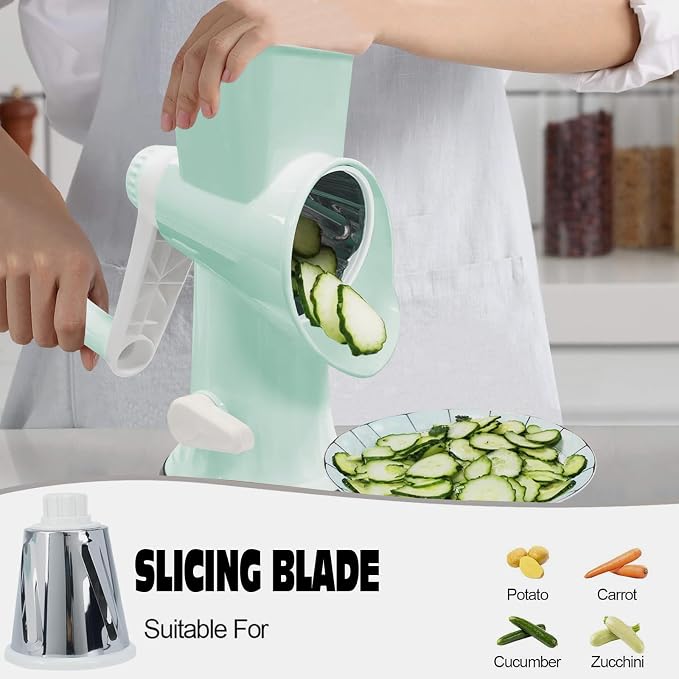 Cheese Grater with Handle,Multifunctional Rotary Cheese Grater,Kitchen Cheese Shredder Can Easily Chop Vegetables,Potatoes,Carrots,Etc.The Suction Cup is Stable and Easy to Clean (light green)
