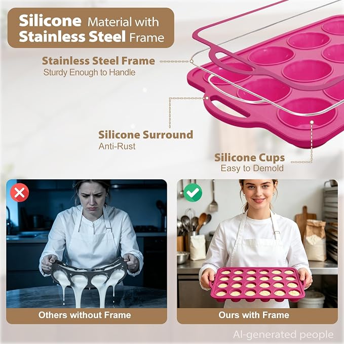 Silicone Muffin Pan Set: Non Stick 12 & 24 Silicone Muffin Pans for Baking Easy Release - Complete Shaping Each Use Avoid Re‑baking - BPA-free Cupcake Tin Reinforced Frame for Oven Home Bakers