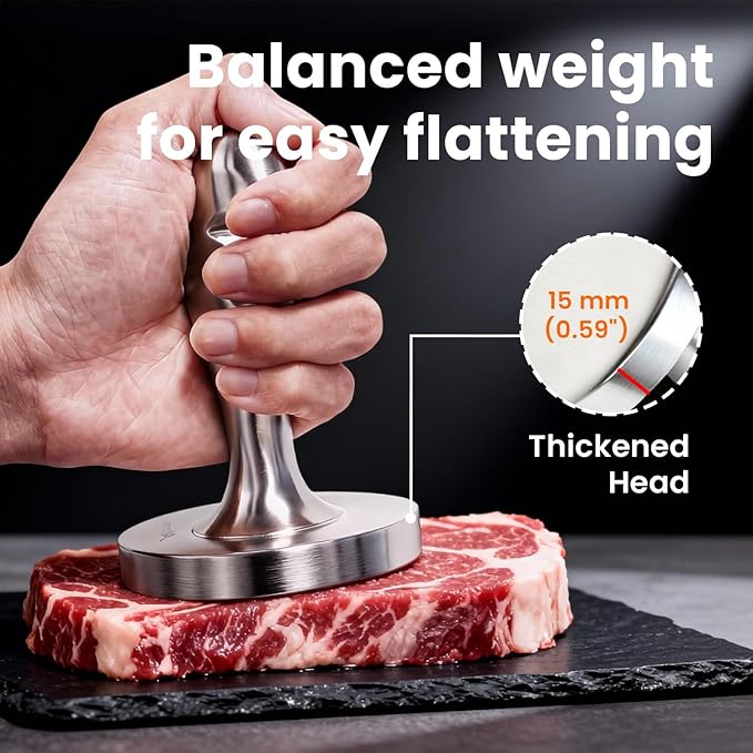 304 Stainless Steel Meat Pounder Tenderizer, Flat Chicken Breast Pounder with Non-Slip Textured Handle, 3.3" Round Meat Flattener for Steak, Chicken, Pork, Dishwasher Safe