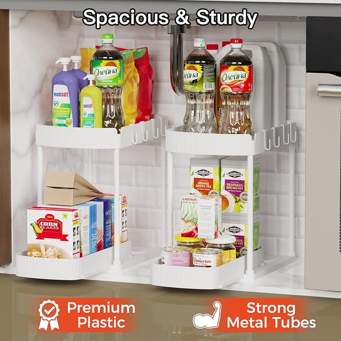 2 Packs Under Sink Pull-Out Storage Organizers, 12.8 Inches, White | Multi-Purpose Cabinet Organizers and Storage for Bathroom & Kitchen