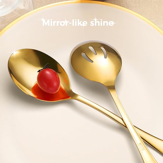 6 Pieces Stainless Steel Serving Spoons Set Includes 3 Spoon, 3 Slotted, for Parties/Buffet/Catering, Dishwasher Safe, 8.5-Inch, Gold