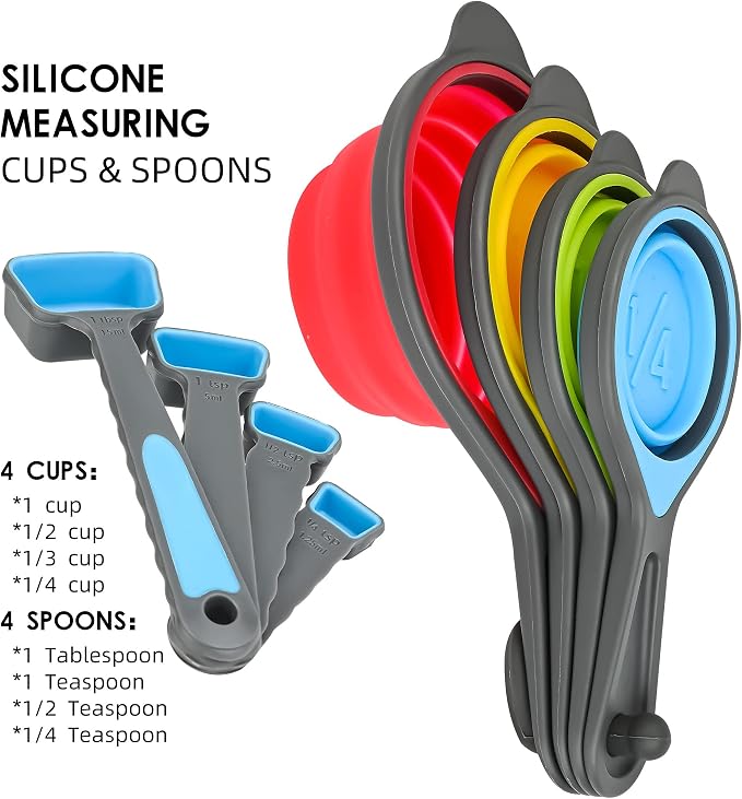Collapsible Measuring Cups and Spoons Set, Silicone Measure Cups & Spoons, Engraved Markings Measurer Cups Spoons for Baking and Kitchen Green