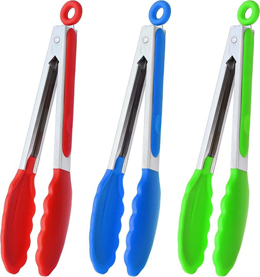 HINMAY 9" Kitchen Tongs with Silicone tips, Set of 3 (Red Blue Green)