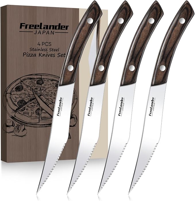 Freelander 4-Piece Pizza Knife Cutter Set, Sharp Serrated Stainless Steel Blades, Full Tang Forged Design, Ergonomic Non-Slip Handle, Durable, Rust-Resistant & Dishwasher Safe