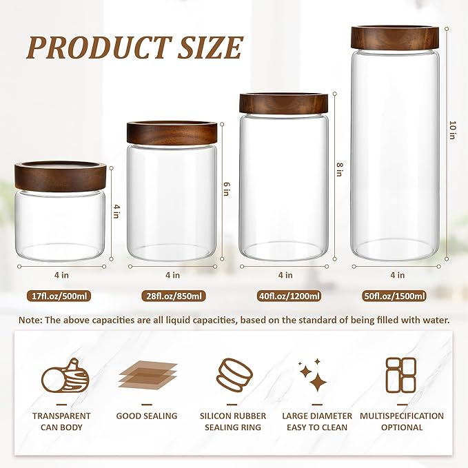 3 Pack 17 fl oz/500ml Clear Glass Storage Canister with Airtight Wooden Screw On Lid, Small Cute Decorative Glass Container Jar Set for Coffee, Candy, Cookie, Condiment, Pepper, Sugar, Oatmeal