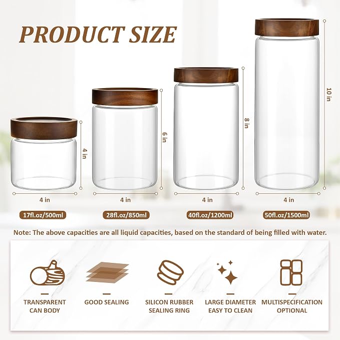 3 Pack 28 fl oz/850 ml Clear Glass Storage Canister with Airtight Wooden Screw On Lid, Medium Decorative Glass Container Jar Set for Coffee, Candy, Cookie, Condiment, Pepper, Sugar, Oatmeal