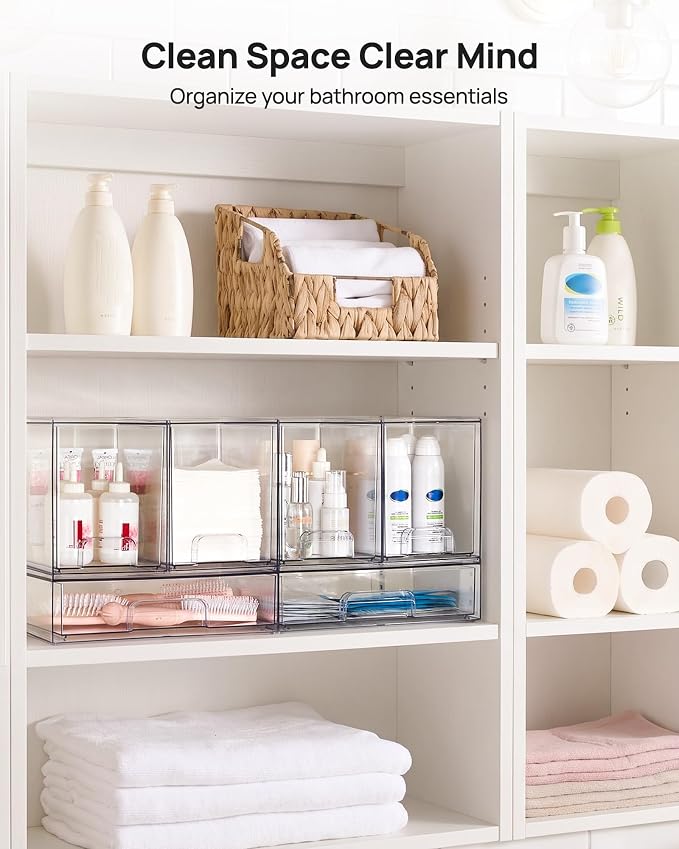 Vtopmart Clear Stackable Storage Drawers Set of 3, Plastic Organizer Bins | Multi-purpose Boxes for Baby Bottle Storage, Ideal for Kichen, Vanity, Bathroom, Undersink, Cabinet, Pantry Organization