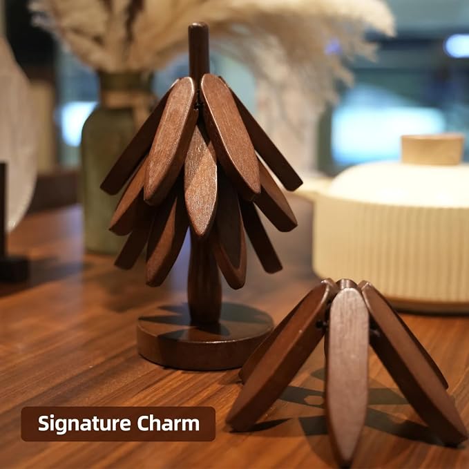Wooden Trivet Tree for Hot Dishes, 4 Coasters + Stand, Walnut Finish | Foldable hot plate holder set with 4 wooden trivets and compact stand.