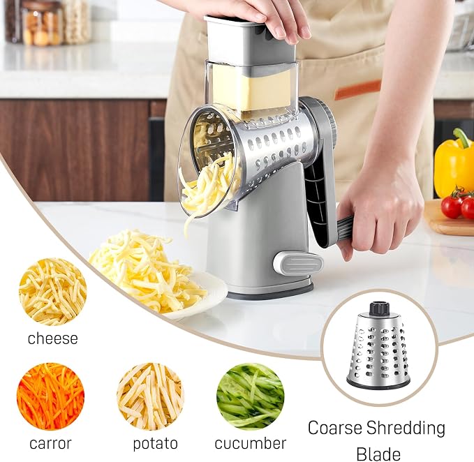 Weltonhm Rotary Cheese Graters with 4 Blades, Large Hand Crank Cheese Grater with Waffle Slicer, Grey Cheese Shredder with Suction Base, Easier for Shredding & Grating (Grey, 4 Graters)