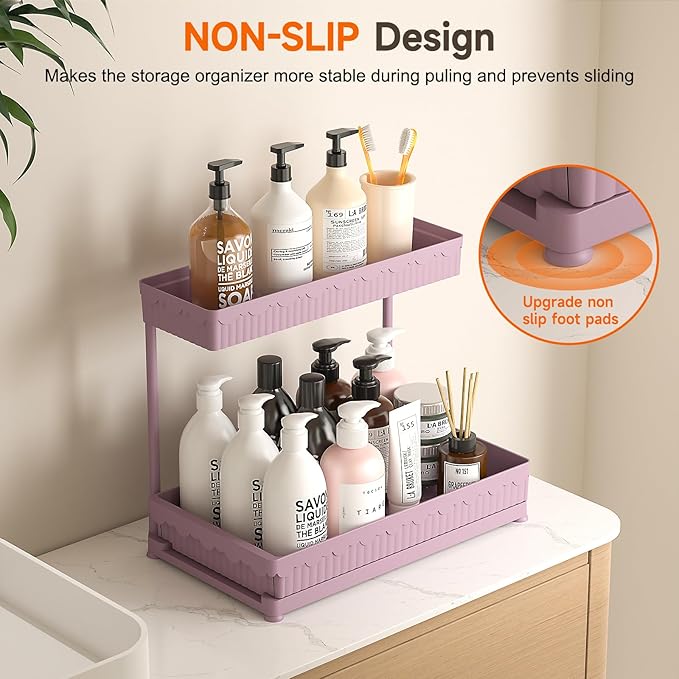 3-Pack 2-Tier L-Shaped Under Sink Organizers with Sliding Drawers | Multi-use kitchen & bathroom storage, 14.85 inch pink cabinet organizer, space-saving sliding drawer design.