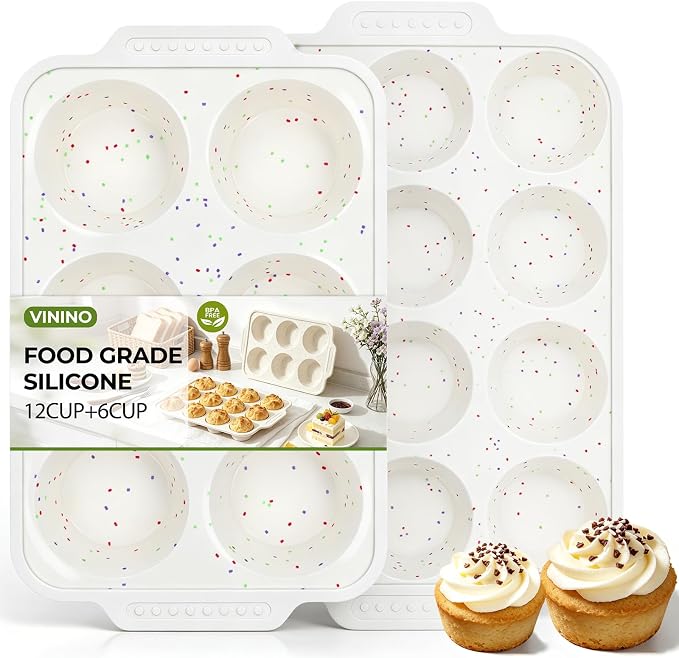 Vinino 12 Cup and 6 Cup Silicone Muffin Pans with Reinforced Frame, Cream | Silicone Muffin Pans Set for Baking with Non-Slip Handle, Nonstick Muffin Tray for Oven, BPA Free, Dishwasher Safe-Cream