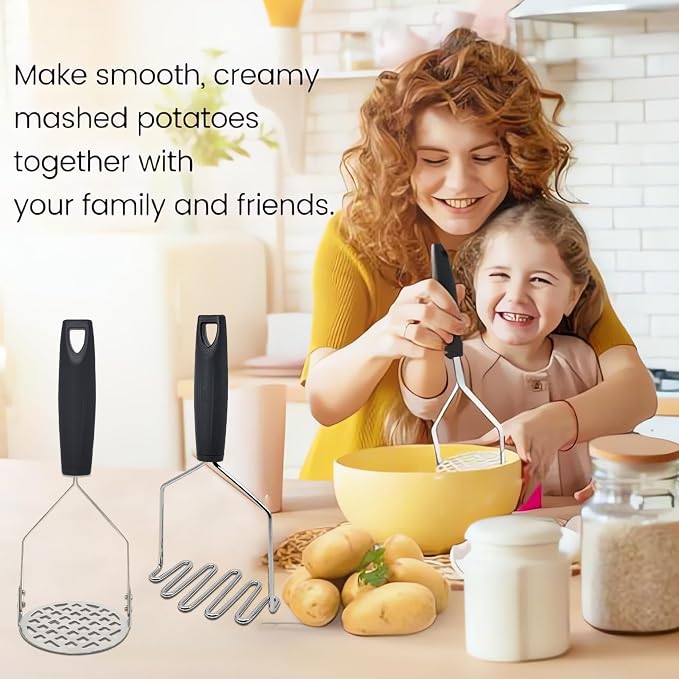 2PCS Heavy Duty Potato Masher, Sturdy Masher, Stainless Steel Food Masher Tool for Potatoes, Avocados, Beans, Fruit & Vegetables