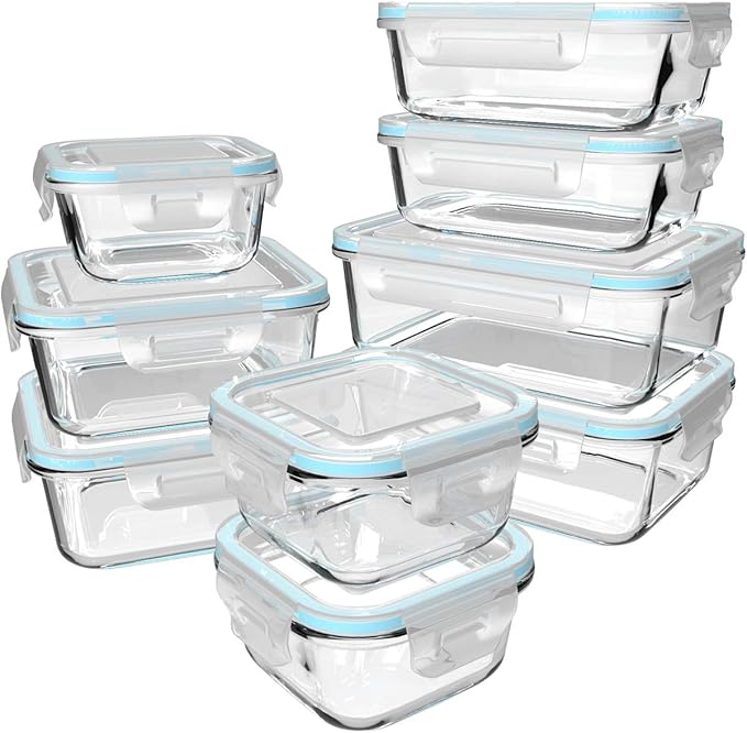 18 Piece Glass Food Storage Containers with Lids, Glass Meal Prep Containers, food storage Containers for Food Storage, BPA Free & Leak Proof (9 lids & 9 Containers)