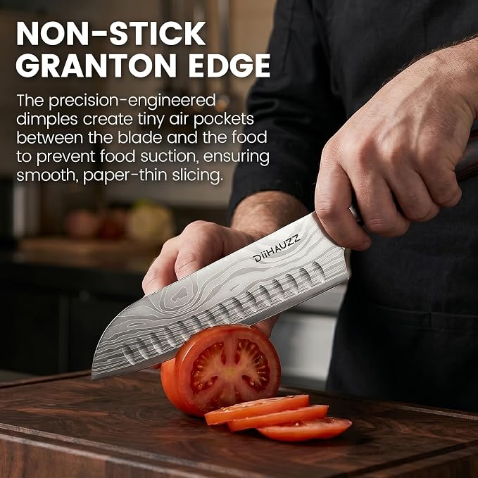 DiiHAUZZ Santoku Knife 7 Inch, Japanese Chef Knife with Ultra Sharp Hollow Edge, High Carbon Steel Forged Professional Kitchen Knives with Ergonomic Pakkawood Handle and Sheath, Gift Box