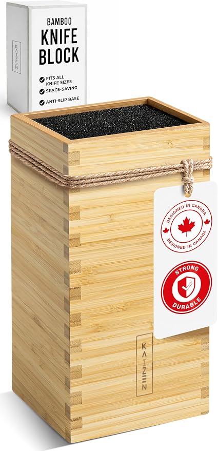 KAIZEN Bamboo Knife Block Without Knives - Perfectly Sized Universal Knife Holder for Knives, Scissors - Unique Knife Storage for Counter Top with Anti-Slip Base (Natural)