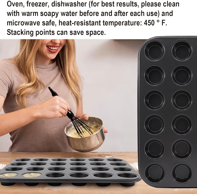 2 Packs Round Muffin Baking Pan, Premium Steel Muffin Pan for Baking, Nonstick Cupcake Tin Cheesecake Pans, Bakeware Muffin Top Pan (24 Cups, Black)